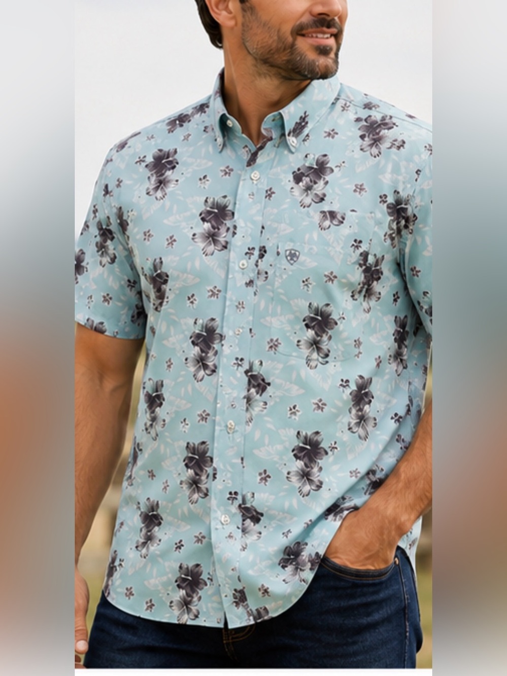Ariat Stretch Men’s Aqua Blue Hawaiian Floral short sleeve Shirt S